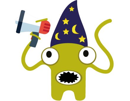 The magician software testing monster holding a megaphone, making an impact and telling the community about their magical product by sponsoring TestBash software testing conferences